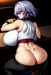 ai_generated anus anus_peek anus_slip ass backboob bangs bar bar_stool bare_shoulders barstool black_pants breasts ebifurya_(style) female girls'_frontline gloves huge_ass huge_breasts looking_at_viewer looking_back lowleg lowleg_pants midriff pants red_eyes self_upload short_hair silver_hair sitting sitting_on_barstool smile smug solo sunglasses thighs thompson_(girls'_frontline)