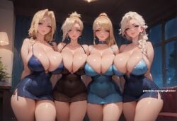 ai_generated big_breasts blonde_hair disney disney_princess elsa_(frozen) frozen_(film) gmgkaiser huge_breasts looking_at_viewer mercy metroid multiple_females naruto naruto_(series) overwatch samus_aran standing tagme tsunade