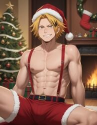 1boy abs ai_generated belt boku_no_hero_academia bsky_link bulge christmas christmas_clothing christmas_decorations christmas_hat christmas_outfit christmas_present christmas_tree denki_kaminari dvxxxgrai fireplace kaminari_denki male male_only my_hero_academia nipples pixai pony_diffusion_xl pubic_hair red_shorts santa_hat seated shorts solo solo_male suspenders tagme toned toned_body toned_male topless topless_male twitter_link yellow_eyes yellow_hair