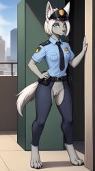 1girls 2025 ai_generated anthro blue_eyes bottomless bottomless_female crotchless digitigrade grey_body hand_on_hip hi_res inner_ear_fluff innie_pussy looking_at_viewer mineru nintendo outdoors police police_uniform pussy short_hair smile the_legend_of_zelda the_legend_of_zelda:_tears_of_the_kingdom white_hair zonai