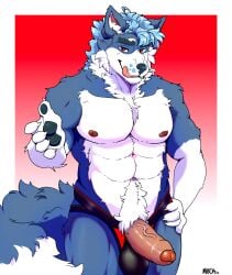 abs anthro balls_in_underwear balls_outline big_penis blue_body blue_fur blue_hair bulge canid canine canis cheek_tuft chest_tuft clothing detailed_bulge eyebrows facial_tuft fluffy fluffy_tail foreskin fur genital_outline genitals hair hi_res inviting java_(mocamoca) jockstrap licking licking_lips looking_at_viewer male mammal mocamoca multicolored_body multicolored_fur muscular muscular_anthro muscular_male neck_tuft nipples pawpads penis pubes red_eyes smile smirk solo tail thick_eyebrows tongue tuft underwear vein veiny_penis wolf