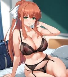 1girls ai_generated ai_hands areola areolae areolae_visible_through_clothing big_breasts bra breasts brown_hair doki_doki_literature_club female garter_belt green_eyes hair_ribbon hairbow hourglass_figure jadeai16 large_breasts lingerie lingerie_only long_hair monika_(doki_doki_literature_club) nipples_visible_through_clothing panties see-through see-through_bra solo thick_thighs thighs translucent_clothing wide_hips