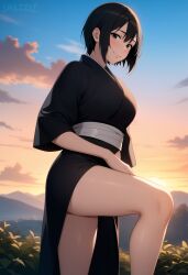 ai_generated black_eyes black_hair black_kimono blush closed_mouth from_side half-closed_eyes hand_on_own_leg japanese_clothes kimono large_breasts leg_up looking_at_viewer naruto naruto_(series) naruto_shippuden nature outdoors shizune short_hair side_slit smile snazzdaz snazzle stable_diffusion standing sunset thighs watermark