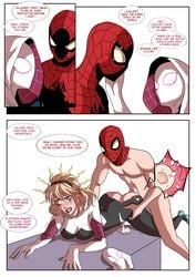 blonde_hair comic costume cum cum_in_pussy cum_inside cumdrip english_text female from_behind gwen_stacy hairband impregnation instant_loss_2koma male marvel marvel_comics masked ovum peter_parker recreator2099 sex spider-gwen spider-man spider-man_(series) spider_sense straight_hair text