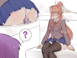 2girls anal anal_masturbation anal_sex ass blush brown_hair carambolatup clothed clothes dildo dildo_in_ass dildo_sitting doki_doki_literature_club female green_eyes hair_ribbon hairbow long_hair monika_(doki_doki_literature_club) panties panties_aside public public_masturbation pussy_juice seated skirt solo_focus speech_bubble spoken_question_mark sweat thick_thighs thigh_highs thighhighs thighs trembling yuri_(doki_doki_literature_club)