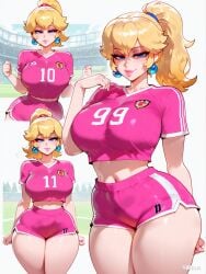 1girls ai_generated blonde_hair breasts difuxer female female_only large_breasts light-skinned_female light_skin mario_(series) princess_peach soccer_uniform solo sportswear thick_thighs thighs white_background wide_hips