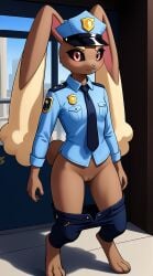 1girls 2025 ai_generated anthro black_sclera blushing brown_fur cocky curvy_female curvy_figure digitigrade generation_4_pokemon hi_res innie_pussy looking_at_viewer lopunny nintendo outdoors pants_down pink_eyes pokemon pokemon_(species) police police_uniform pussy rabbit smile