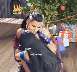 2girls 3d black_hair christmas closed_eyes dark_hair edenian female fireplace french_kiss hands_on_face incest kissing kitana light-skinned_female light_skin making_out mature_female mileena mortal_kombat mortal_kombat_1_(2023) netherrealm_studios ninja princess rayalterego23 sisters tarkatan tilted_head twincest twins wrapped_around_another yuri