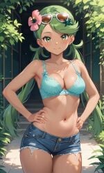 ai_generated artist_request athletic_female bare_thighs belly_button bra dark-skinned_female dark_skin flower_in_hair game_freak green_eyes green_hair huge_breasts huge_thighs jean_shorts large_breasts looking_at_viewer mallow_(pokemon) nintendo pokemon pokemon_sm ponytail smiling solo_female squatting sunglasses sunglasses_on_head sweat sweatdrop thick_thighs thighs voluptuous voluptuous_female