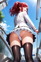 ai_generated back_view backboob bare_thighs big_ass big_breasts big_butt fat_ass gigantic_ass huge_breasts huge_thighs isekai_de_cheat_skill_wo_te_ni_shita_ore_wa_genjitsu_sekai_wo_mo_musou_suru kazama_kaede light-skinned_female light_skin looking_back low-angle_view massive_ass massive_breasts panties pantyhose ponytail red_eyes red_hair school_uniform schoolgirl smiling solo_female squatting stockings sweat sweatdrop thick_body thick_female thick_thighs thighs voluptuous voluptuous_female yoshi_(artist)