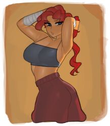 1girl 1girls curvy curvy_female erica_(rayschera) female female_focus female_only oc original original_character ponytail rayschera red_hair redhead_female solo solo_female solo_focus tan_body tan_skin tank_top transparent_clothing voluptuous voluptuous_female wrappings wraps