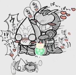 2boys bent_over blush censored chibi doggy_style heart heart_symbol heart_visor japanese_text kamen_rider kamen_rider_blade kamen_rider_blade_(series) kamen_rider_chalice mantis monochrome motion_lines nuzzling owo sticker traditional_media_(artwork)