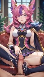 ai_generated cape cum cum_on_body dress fingerless_gloves footjob league_of_legends panties pink_hair purple_eyes riot_games sitting skirt smile star_guardian_series star_guardian_xayah thighhighs xayah