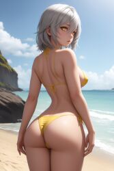 ass beach bikini code_vein female female_only grey_hair io_(code_vein) on_back pale-skinned_female pale_skin short_hair yellow_bikini yellow_eyes