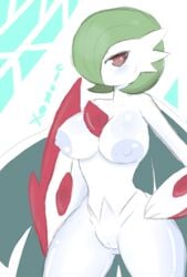 1girls blush breasts cloroxformius female_only fusion gallade gardevoir hand_on_hips hybrid large_breasts mega_evolution mega_gallade nintendo original_character pokemon pokemon_(species) pokemon_oras pokemon_xy pussy red_eyes tagme thick_thighs white_skin