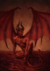 2d baldur's_gate baldur's_gate_3 chest_hair demon demon_boy demon_horns demon_tail demon_wings digital_painting_(artwork) dungeons_and_dragons forgotten_realms fully_naked fully_nude haarlep male male_focus male_only miurgan no_visible_genitalia nonsexual nonsexual_nudity pecs raphael_(baldur's_gate) realistic realistic_proportions realistic_textures solo_male toned toned_body toned_male