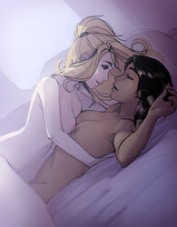 2girls black_hair blonde_hair breast_press breasts cuddling dark-skinned_female dark_nipples dark_skin female_only interracial interracial_yuri kitsunebi-x light-skinned_female light_skin lips long_hair looking_at_another medium_breasts mercy nude on_bed overwatch pharah ponytail smile symmetrical_docking under_covers vashperado wholesome yuri