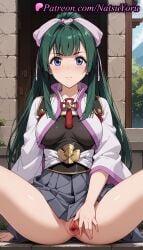 1girls ai_generated anime anime_style anus arm_support armor asshole bangs blue_eyes blunt_bangs blush bow breastplate breasts bust busty chinese_knot clitoris closed_mouth clothes_lift day female female_focus female_only flower_knot green_hair grey_skirt hair_intakes hairbow hakama high_ponytail indoors jacket japanese_clothes labia labia_minora long_hair long_sleeves looking_at_viewer medium_breasts natsuyoru no_panties outdoors pink_bow pleated_skirt ponytail presenting pussy pussy_lips pussy_peek ribbon sidelocks sitting skirt solo solo_female spread_legs spread_pussy tassel tate_no_yuusha_no_nariagari the_rising_of_the_shield_hero thighs uncensored urethra vagina very_long_hair voluptuous voluptuous_female vulva wall wide_sleeves yomogi_emarl