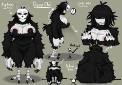 1girls areolae artist_name ass big_breasts black_fur breasts character_name cleavage deep_owl_(deepwoken) deepwoken larger_female roblox roblox_game size_difference tagme text trophimos white_body