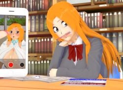 1girls 3d bleach bleach:_the_thousand-year_blood_war cleavage cleavage_cutout detached_penis detached_sleeves inoue_orihime koikatsu koikatsu_(medium) large_breasts orange_hair smartphone tagme uncensored