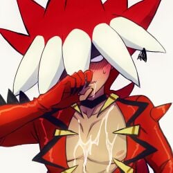 1boy black_choker blank_eyes blush choker commentary_request cum cum_on_chest hand_up haruki_sparsa jacket male_focus multicolored_hair oerba_yun_fang pectorals pokemon pokemon_sm red_hair red_jacket ryuki_(pokemon) simple_background solo squiggle sweatdrop two-tone_hair upper_body white_background white_hair