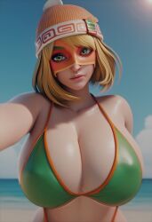 1girl 1girls ai_generated arms_(game) beach beach_background big_breasts bikini bikini_top blonde_female blonde_hair breasts female generalbutch_(style) green_bikini green_eyes headwear huge_breasts mask masked_female min_min_(arms) sodaglow_artist solo solo_female