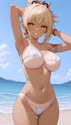 1girls ai_generated arm_tattoo bangs big_ass big_breasts big_butt blonde_female blonde_hair blonde_hair genshin_impact hair_ornament high_resolution highres hoyoverse jasse tagme tanline tanlines thighs thight_clothing tight_bikini tight_clothes yoimiya_(genshin_impact)