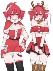 2d 2d_(artwork) 2girls annoyed annoyed_expression artist_request blush christmas christmas_hat christmas_outfit crop_top dress embarrassed exposed_midriff female flustered kasane_teto kasane_teto_(sv) red_eyes red_hair reindeer_antlers short_dress skindentation skirt synthesizer_v thighhighs thighs twin_drills utau