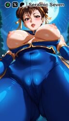 1girls 2d ai_generated areolae blush blush breasts breasts_out brown_eyes brown_hair chun-li chun-li_(fortnite) female female_focus female_only fortnite from_below full_moon hair_buns half-closed_eyes looking_at_viewer moon nipples nipples_outside parted_lips partially_clothed pussy_visible_through_clothes rain raining seramic_seven solo solo_female solo_focus street_fighter sweatdrop tight_clothes tight_clothing tight_fit tight_pants