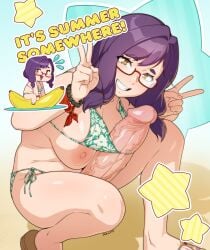 1futa big_breasts big_penis bikini breast_slip busty dick dickgirl eggplant_(sulcate) erect_penis erection futanari glasses hard_on huge_breasts huge_cock large_breasts large_penis light-skinned_futanari light_skin nipples oc original_character peace_sign penis purple_hair smile smiling sulcate summer swimsuit swimwear tagme veiny_penis