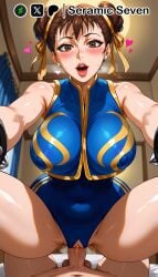 1boy 1boy1girls 1girls 2d ai_generated brown_eyes brown_hair chun-li chun-li_(fortnite) clothed clothed_female_nude_male clothed_sex cowgirl_position female female_on_top female_penetrated fortnite hair_buns heart hearts_around_head looking_at_viewer male male/female male_pov open_mouth penis_in_pussy pleasure_face pov pov_male reaching reaching_out reaching_towards_viewer seramic_seven sex sexual_intercourse squatting street_fighter vaginal_insertion vaginal_penetration vaginal_penetration vaginal_sex