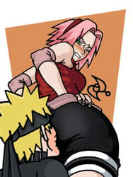 1boy 1girls angry annoyed ass big_ass big_butt bike_shorts blonde blonde_hair blush breasts butt clenched_teeth clothed clothing duo eyebrows eyelashes face_in_ass facesitting female green_eyes hair hairband hand_on_hip headband huge_ass huge_butt human human_only looking_back male medium_breasts naruto naruto_shippuden omarsin one_eye_closed pink_hair sakura_haruno shorts sideboob spandex uzumaki_naruto whisker_markings wince