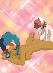 1girls age_difference ass big_hair blue_eyes blue_hair blush brown_eyes brown_hair dark-skinned_female dark_skin erection feet gym_leader hairband hat hilbert_(pokemon) huge_breasts human human_only interracial lenora_(pokemon) nintendo nude penis pink_background pokemon pokemon_bw short_hair sideboob smile spread_legs sweat thick_thighs wet wide_hips