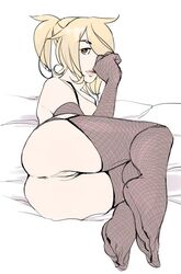 anus ass blonde_hair brown_eyes elbow_gloves female female fishnet_gloves fishnet_legwear fishnets hair_over_one_eye kitsunebi-x legs_together lying mercy on_side overwatch pussy solo thighhighs vashperado