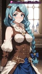 1girls ai_generated anime anime_style aqua_eyes aqua_hair bare_shoulders blue_bow blue_eyes blue_hair blue_skirt blush bow braid braided_ponytail breasts bust busty circlet closed_mouth corset cowboy_shot detached_sleeves dress female female_focus female_only hair_over_shoulder hairbow headband hentai indoors long_hair looking_at_viewer medium_breasts natsuyoru non-asian shoulder_cutout single_braid skirt smile solo solo_female standing tate_no_yuusha_no_nariagari the_rising_of_the_shield_hero therese_alexanderite underbust very_long_hair voluptuous voluptuous_female window