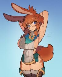 1girls animal_ears armpits arms_up aurora_(league_of_legends) big_breasts blue_eyes blush bunny_ears bunny_tail glasses league_of_legends oniiyanna open_mouth orange_hair partially_clothed presenting sideboob solo standing sweat tail thick_thighs