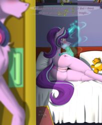 2018 ass buttplug clitoris cutie_mark dialogue duo english_text equine female friendship_is_magic highres horn indoors lying mammal my_little_pony on_side oral pillow pussy pussy_juice sex_toy starlight_glimmer text twilight_sparkle_(mlp) twotail813 unicorn