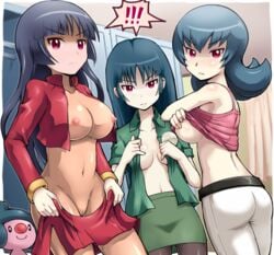 ! !!! 3girls ambiguous_gender ass black_hair bodysuit breasts cameltoe curtains erect_nipples exposed_breasts female gym_leader human large_breasts long_hair mime_jr. multiple_girls multiple_persona nintendo nipples no_bra nude_filter pantyhose png pokemoa pokemon pokemon_dppt pokemon_frlg pokemon_hgss red_eyes sabrina_(pokemon) sabrina_(pokemon_hgss) see-through smile soara third-party_edit tsurime uncensored undressing