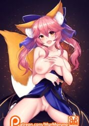 :d absurdres animal_ears areolae artist_name blue_ribbon blush breasts brown_eyes censored commentary english_commentary fate_(series) female fox_ears fox_tail highres kitsune kneeling large_breasts long_hair looking_at_viewer mosaic_censoring murmoruno nipples open_mouth patreon_username pink_hair pussy smile solo tamamo_no_mae_(fate)