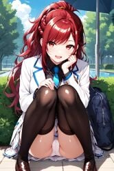 ai_generated bare_thighs big_breasts cameltoe huge_breasts huge_thighs isekai_de_cheat_skill_wo_te_ni_shita_ore_wa_genjitsu_sekai_wo_mo_musou_suru kazama_kaede light-skinned_female light_skin looking_at_viewer massive_breasts panties pantyhose ponytail red_eyes red_hair school_uniform schoolgirl smiling solo_female squatting stockings sweat sweatdrop thick_body thick_female thick_thighs thighs voluptuous voluptuous_female yoshi_(artist)