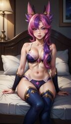 ai_generated bra league_of_legends lingerie panties pink_hair purple_eyes riot_games star_guardian_series star_guardian_xayah thighhighs xayah