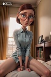 1girl 1girls 20th_century_fox 20th_century_studios ai_generated bed black_panties blue_eyes blue_sky_studios book breasts brown_hair curtains female_only freckles glasses hi_res indoors linda_gunderson lips looking_at_viewer no_pants on_bed panties parted_lips r34arts rio_(series) round_eyewear shirt short_hair sitting small_breasts solo solo_female spread_legs underwear window