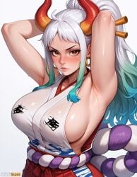 1girls ai_generated armpits arms_behind_head arms_up blush breasts clothing curled_horns earrings female female_only green_hair hair_ornament hair_stick hakama high_resolution highres horns japanese_clothes jewelry kimono large_breasts lips long_hair looking_at_viewer multicolored_hair multicolored_horns one_piece oni orange_eyes ponytail red_horns rope shimenawa shiny_skin sideboob simple_background sleeveless sleeveless_kimono solo stable_diffusion sweat upper_body waifuscans418 white_background white_hair yamato_(one_piece)