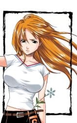 1girls belly_button belt big_breasts big_breasts big_breasts bleach breasts breasts breasts brown_eyes clavicle clothed clothes clothing collarbone female female_focus female_only floating_hair inoue_orihime large_breasts long_hair looking_at_viewer manga_page midriff navel official_art orange_hair pants round_breasts serious shiny_hair shiny_skin shirt short_sleeves simple_background solo solo_female solo_focus standing stomach t-shirt taut_clothes tight_clothing tight_shirt tite_kubo white_background white_shirt