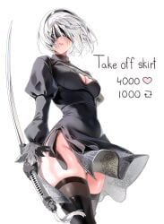 bare_thighs belly_button black_blindfold black_hairband blindfold breasts covered_eyes dress female hairband highres humanoid katana light-skinned_female light_skin lips lipstick machulanko makeup medium_breasts meme narrow_waist navel nier nier:_automata nier_(series) short_hair simple_background skirt skirt_lift solo solo_female standing sword teeth thick_thighs thighhighs thighs tight_clothing twitter_strip_game_(meme) uncensored white_background white_hair wide_hips yorha_2b