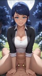 1boy 1boy1girl 1girls ai_generated blue_eyes blue_hair breasts cleavage clothed_female cowgirl_position female_on_top hands_on_waist male_on_bottom marinette_dupain-cheng medium_breasts miraculous_ladybug riding_penis sex smile straight_sex tagme thighs wide_hips