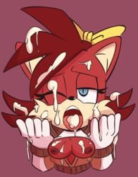 after_sex anthro archie_comics areolae blue_eyes bluebee breasts bukkake canine cum cum_on_breasts cum_on_face cum_on_hair cum_on_tongue exposed_breasts female fiona_fox fox gloves mammal nipples one_eye_closed red_fur red_hair sega sonic_(series) sonic_the_hedgehog_(archie) sonic_the_hedgehog_(comics) tongue tongue_out