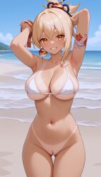 1girls ai_generated arm_tattoo bangs big_ass big_breasts big_butt blonde_female blonde_hair blonde_hair genshin_impact hair_ornament high_resolution highres hoyoverse jasse no_panties puffy_pussy pussy tagme tanline tanlines thighs thight_clothing tight_bikini tight_clothes yoimiya_(genshin_impact)