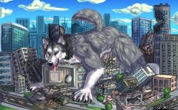 absurd_res anthro building canid canine canis city death destroying destruction dominant genitals grin hi_res humping macro male mammal okiinu penetration penis rampage sex smile solo wolf