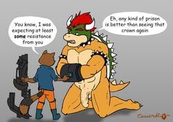 2018 2boys balls big_penis bowser clothed clothing collar cowardlion crossover dialogue duo english_text flaccid flat_colors foreskin full_body gay guardians_of_the_galaxy handcuffs kneeling koopa male male_only mammal mario_(series) marvel multiple_boys nintendo penis procyonid raccoon ranged_weapon rocket_raccoon scalie shackles speech_bubble spiked_collar spikes standing testicles text uncut unretracted_foreskin video_games weapon yaoi